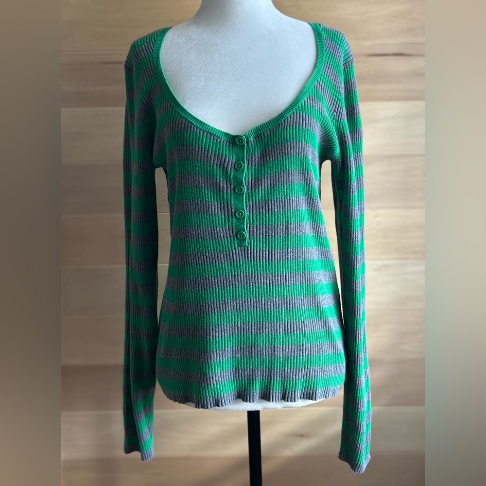 Size Medium Moda International Green and Gray Striped Long Sleeve Top
